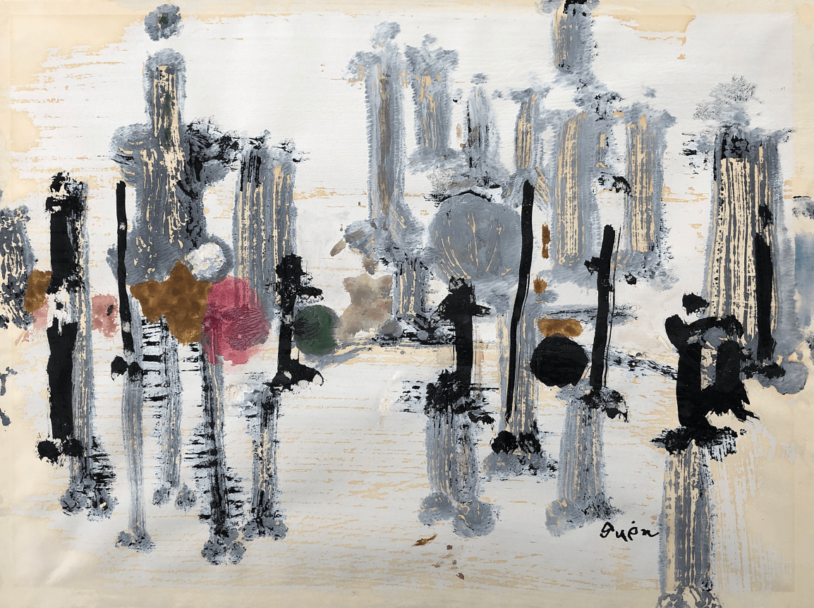 Image of "#55" mixed media painting by artist Genichiro Inokuma with gray, black, brown, pink and white colors and abstract shapes.