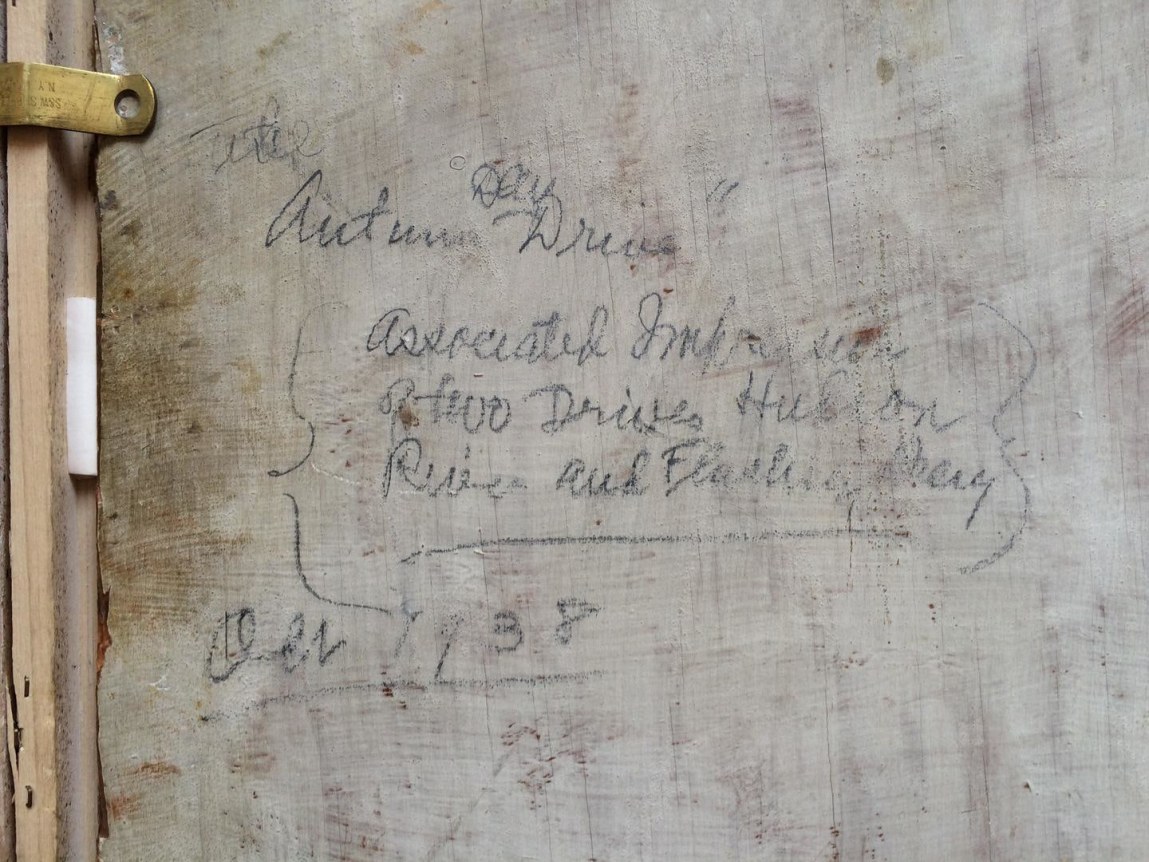 Image of hand written inscription on verso of &quot;Autumn Day Drive&quot; painting by Arnold Friedman.