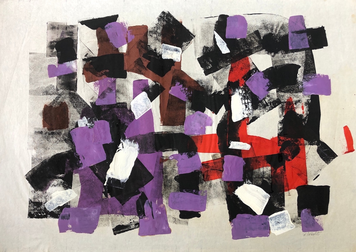 Image of sold mixed media artwork by John Von Wicht in purple, white, black and red.