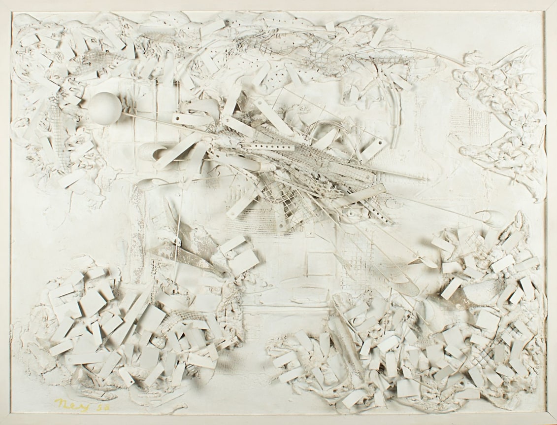 Image of 3D oil and metal abstract artwork painted white and entitled &quot;Construction&quot; by artist Lloyd Ney.