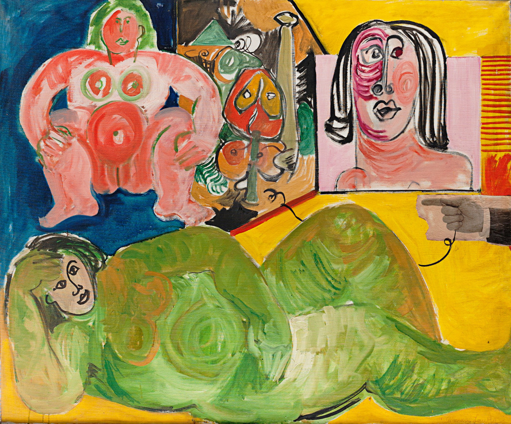 Image of Miriam Laufer abstract untitled collage with one green skinned female reclining, one pink, green and white female squatting and a cubist female head.