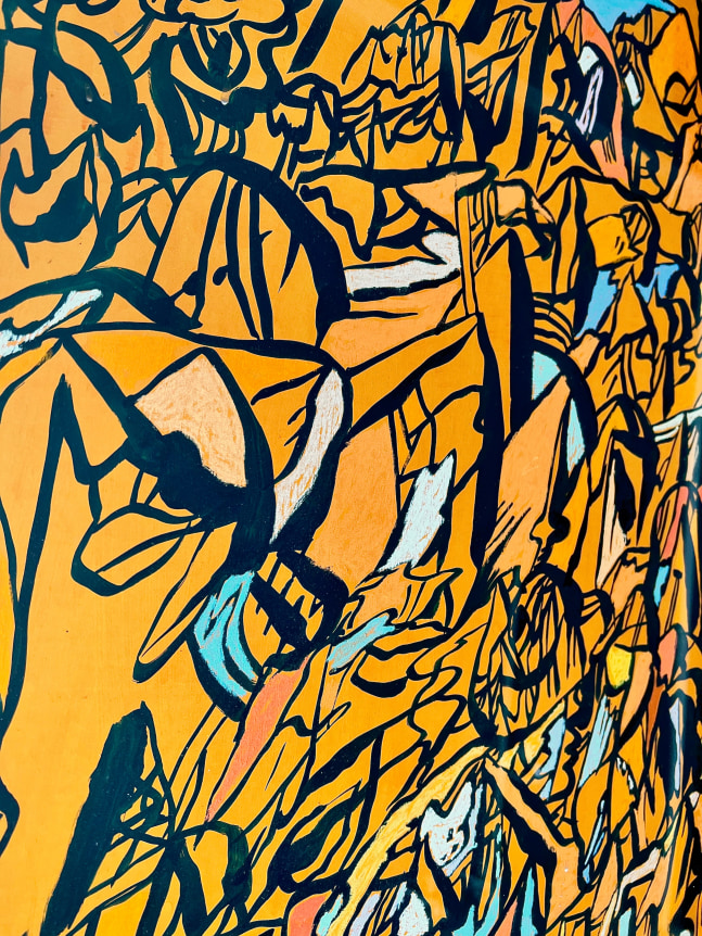 Detail image of orange acrylic and pastel abstraction by Fred Martin.