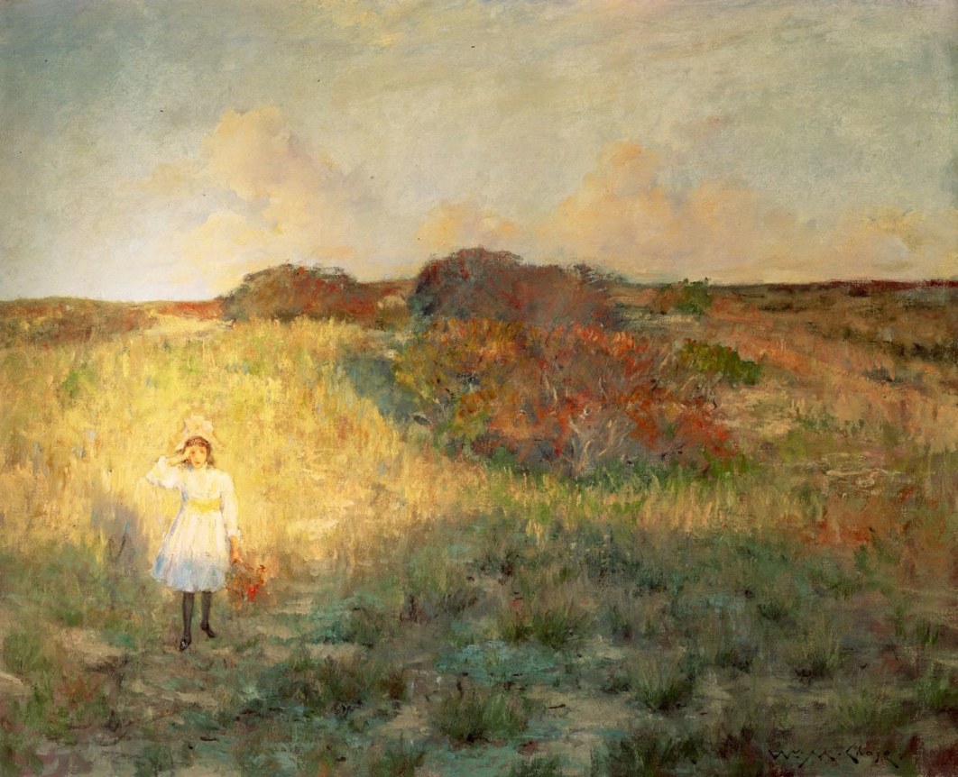 Image of sold oil painting by William Merritt Chase entitled &quot;Sunset on Shnnecock Hills&quot; showing a young girl in a white dress standing on a hillside with low shrubs.
