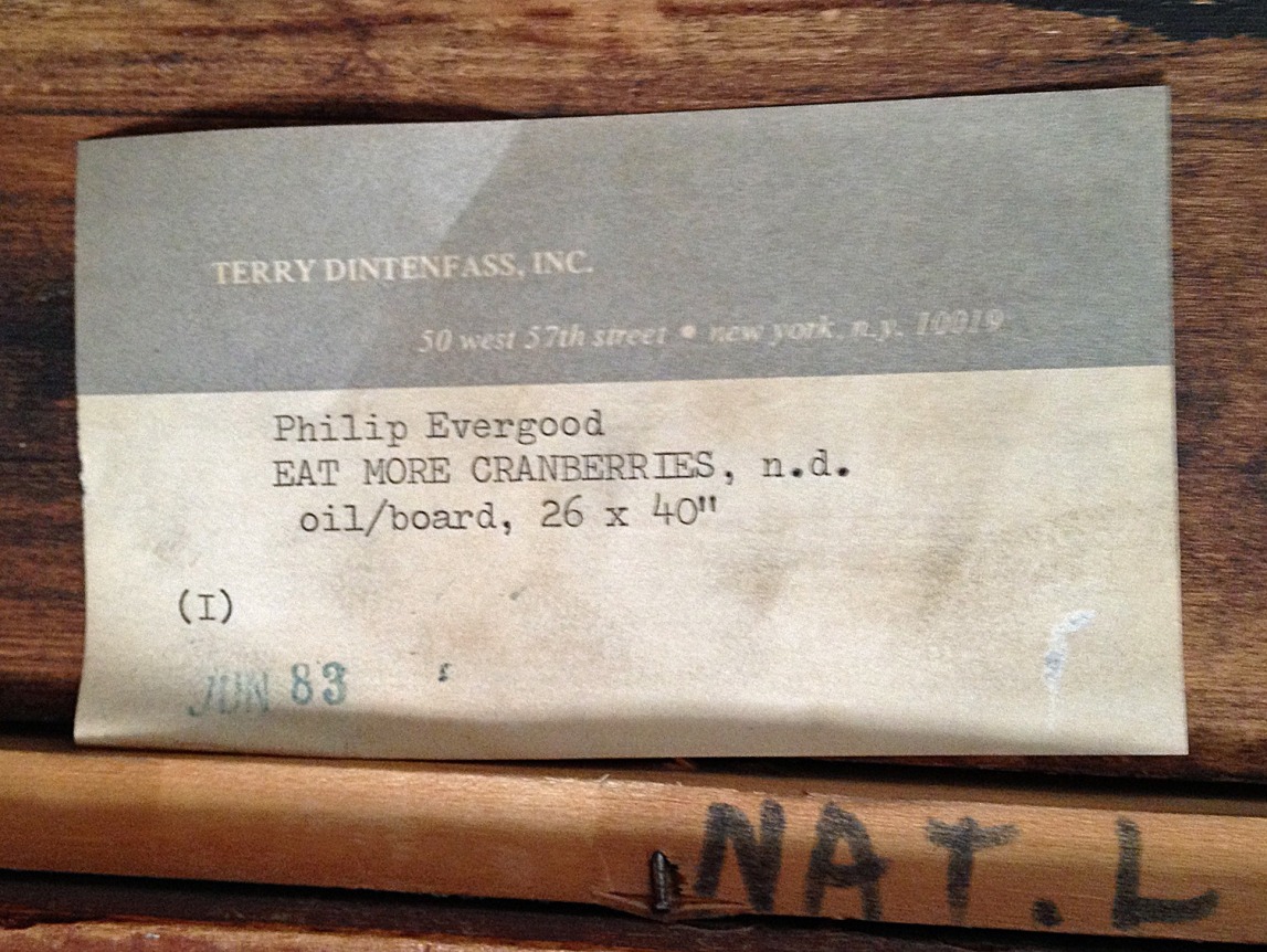 Image of Dintenfass label on verso of "Eat More Cranberries" painting by Philip Evergood.