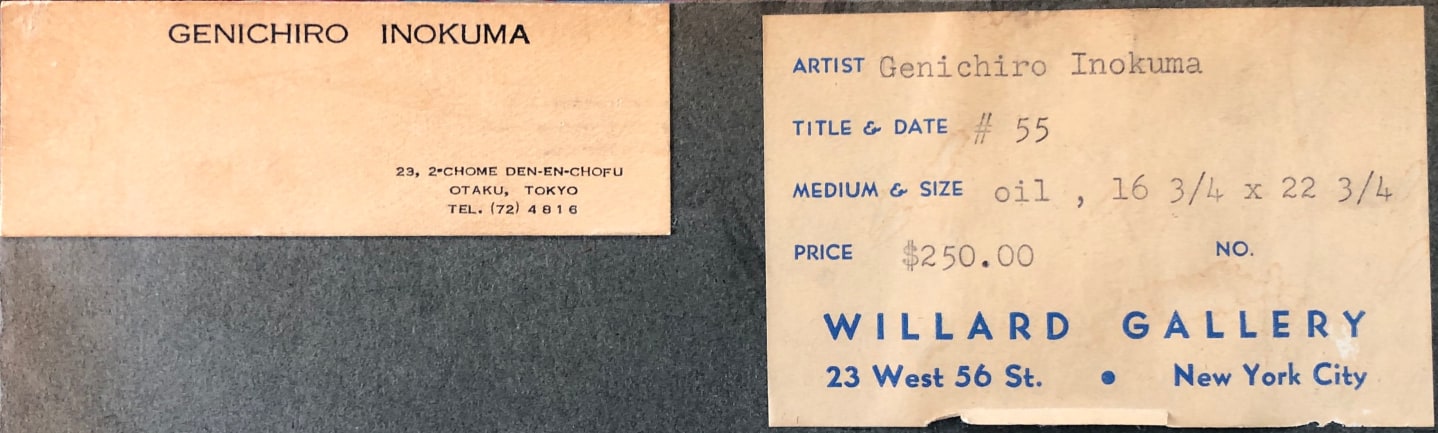 Image of Willard Gallery label verso and artist's card on painting "#55" by Genichiro Inokuma.