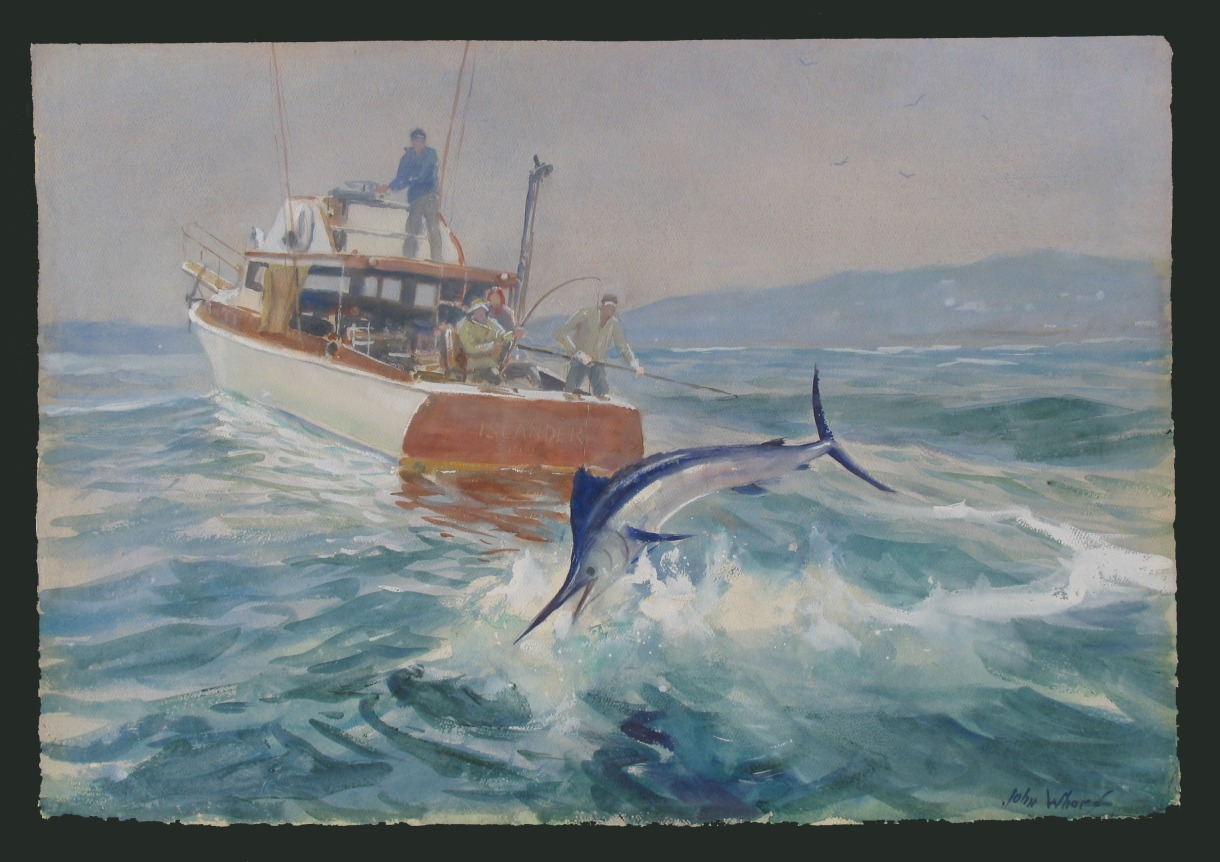 Image a watercolor full sheet showing a leaping marlin fish in front of the boat Islander, which is filled with fishermen by artist John Whorf.