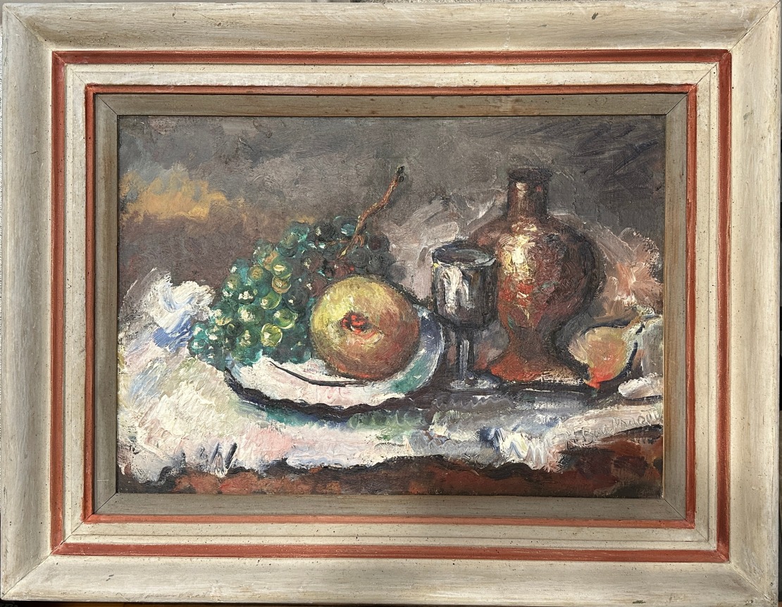 Image of frame on still life painting of fruit and wine by Hans Burkhardt.