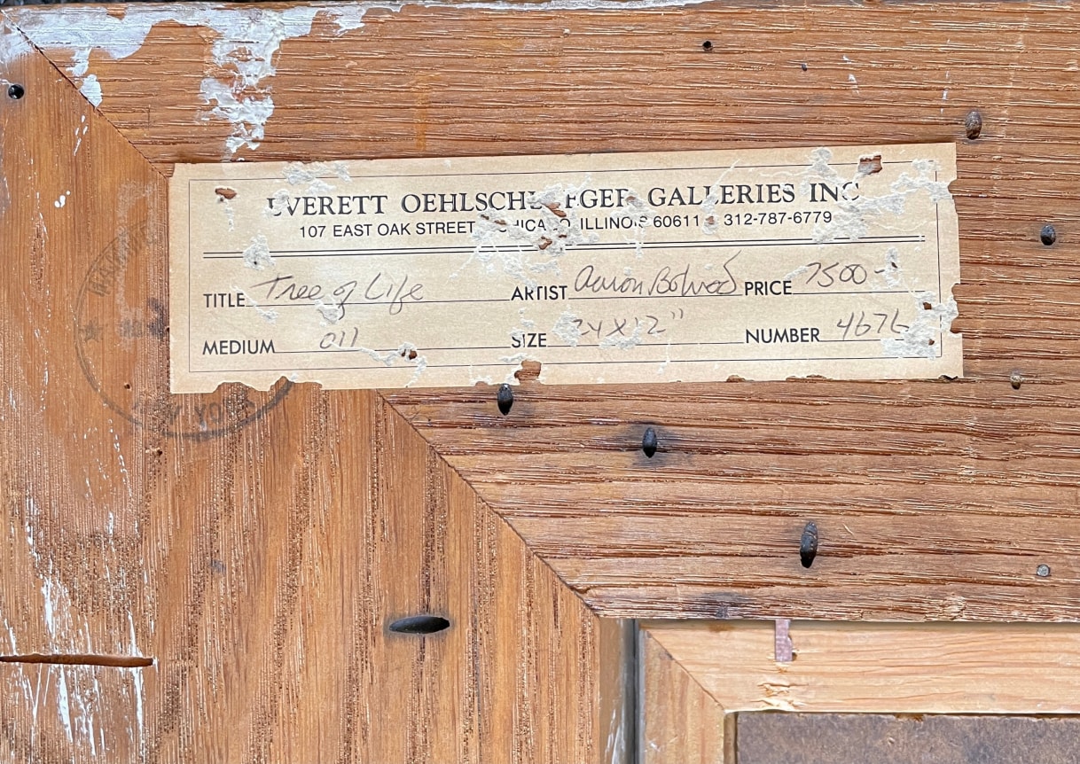Image of label verso from Everett Oehlschlaeger Gallery on "Tree of Life" by Aaron Bohrod.