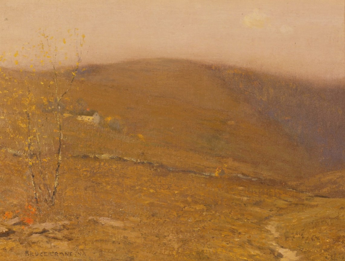 Image of sold painting by Bruce Crane showing a golden colored hill with a white house on it.