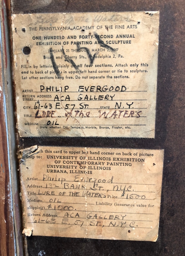 Image of two exhibition labels from verso on &quot;Lure of the Waters&quot; painting by Philip Evergood.