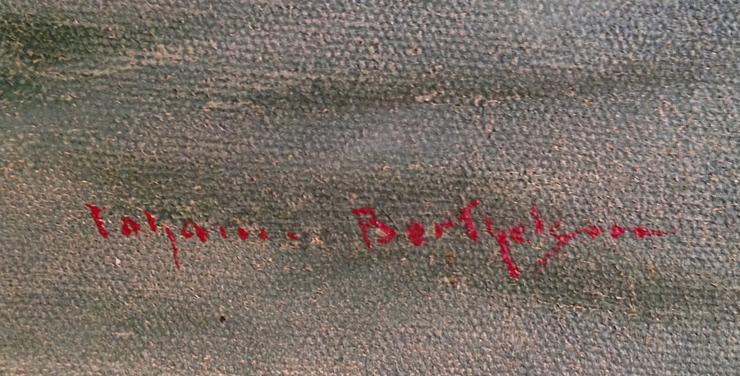 Image of red colored signature on &quot;Bridge Nocturne&quot; painting by Johann Berthelsen.