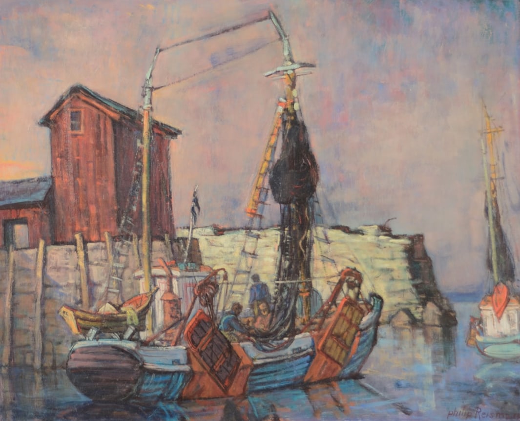Image of sold oil painting titled "Sheltered Harbor" by Philip Reisman showing a pier with a fishing boat docked.