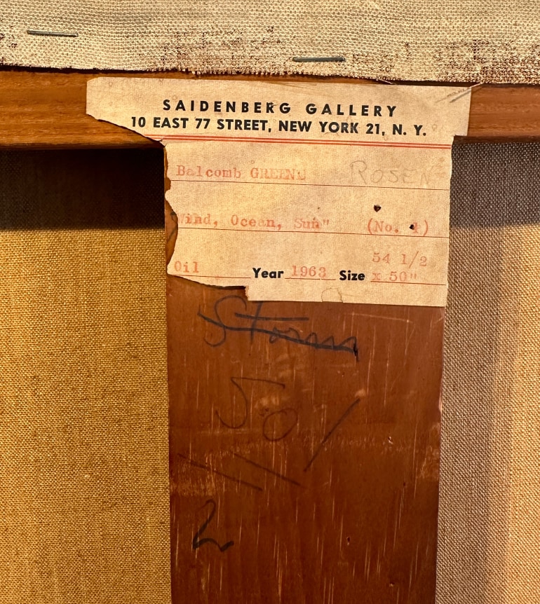 Image of label verso on 1963 Wind, Ocean, Sun oil painting by Balcomb Greene.