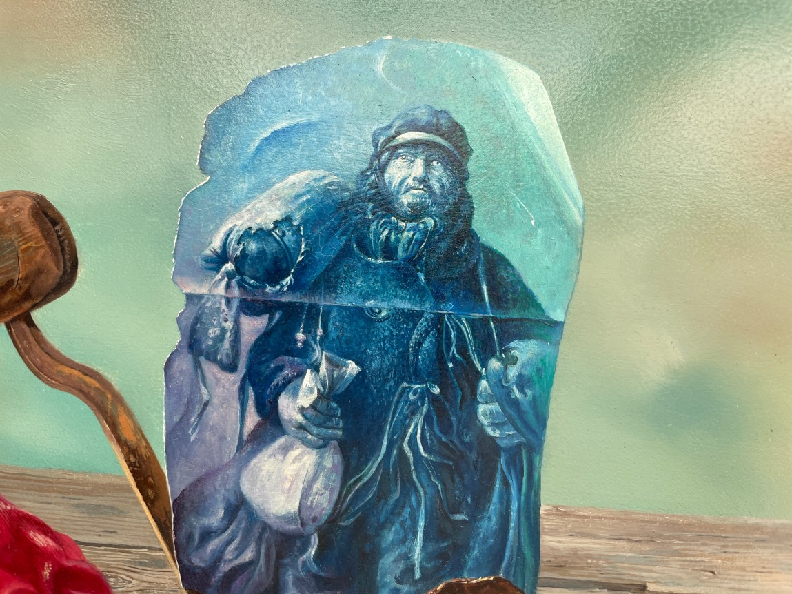 Closeup detail of &quot;Rags and Old Iron&quot; painting by Aaron Bohrod showing a blue-tinted photograph fragment of a man carrying satchels.