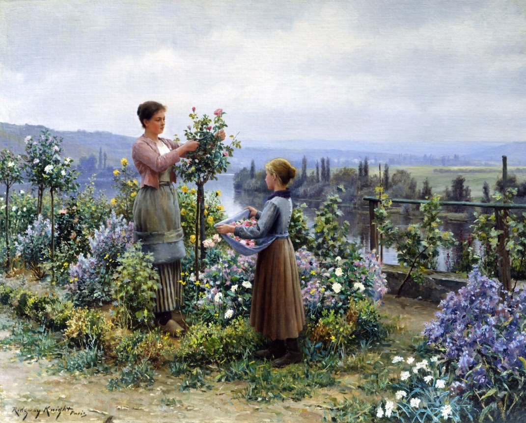 Image of sold painting by Daniel Ridgway Knight entitled &quot;Picking Flowers&quot; showing an older woman and younger woman taking cuttings from a topiary rose bush.