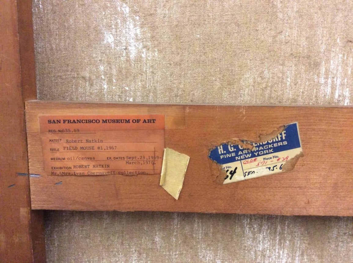 Image of labels verso on Robert Natkin's abstract painting Field Mouse #1.