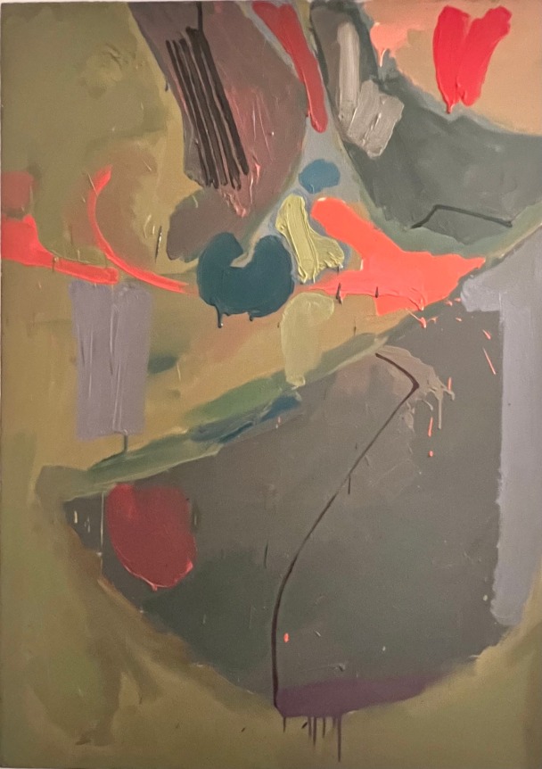 Image of detail on untitled abstraction (003) by Naohiko Inukai, in greens, blues coral and lavender.