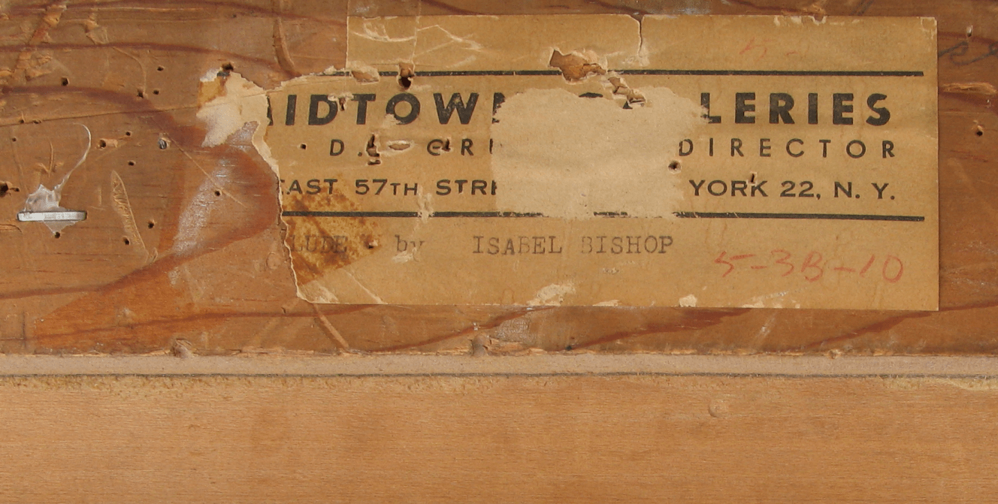 Image of Midtown Galleries label verso fragment on Isabel Bishop's painting &quot;Interlude&quot;