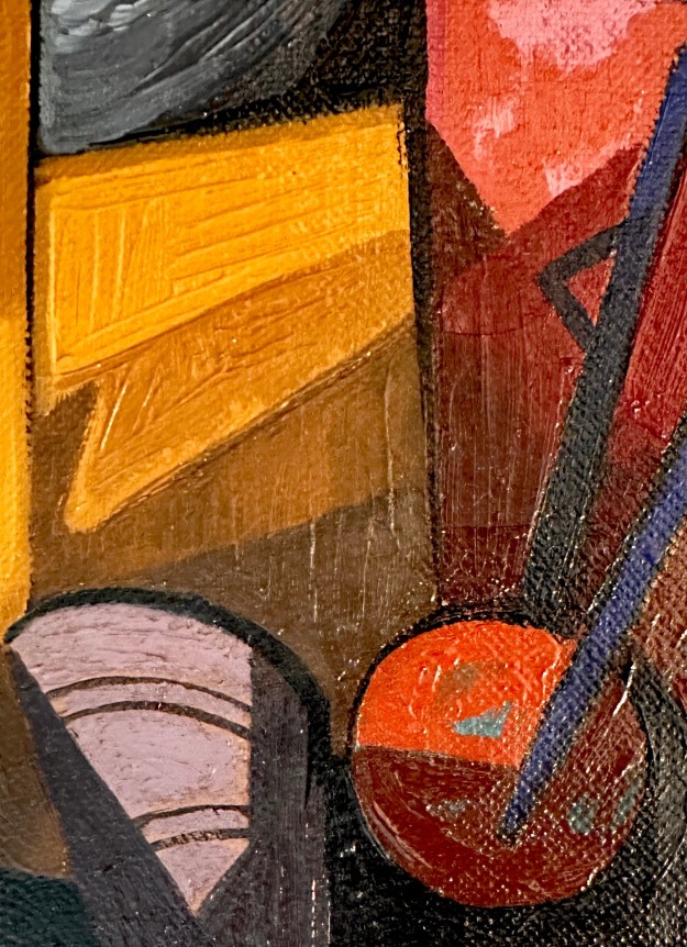 Closeup image of a detail from the painting "Environs of a Bridge" by Seymour Franks.