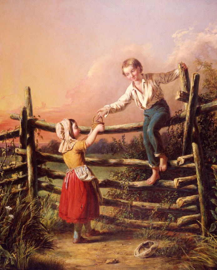 Image of sold painting by William Sanford Mason showing a girl in a red skirt receiving a small basket of berries from a boy in blue trousers who is climbing over a fence from a field.