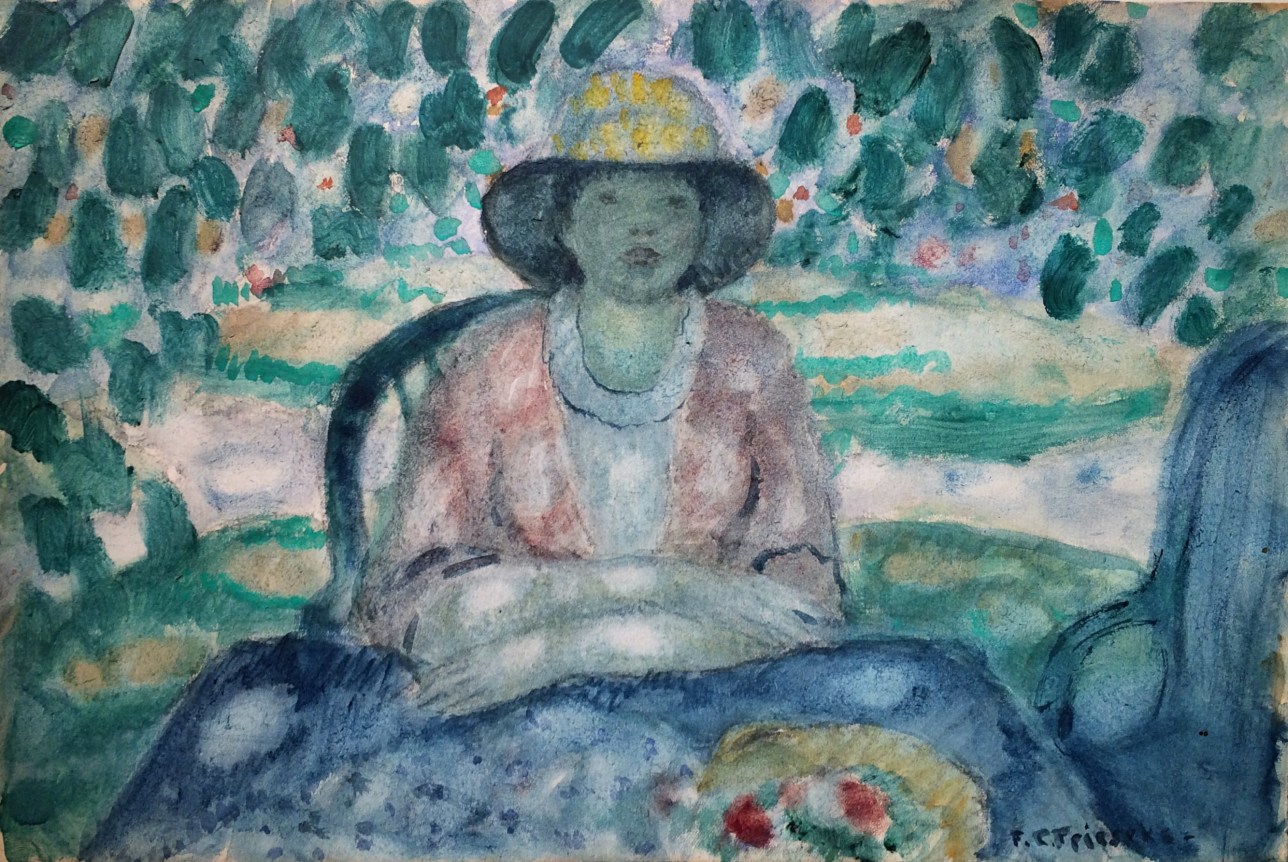Image of sold watercolor by Frederick Frieseke titled "In the Garden, Giverny" showing a young woman n a yellow hat sitting at a table under greenery.
