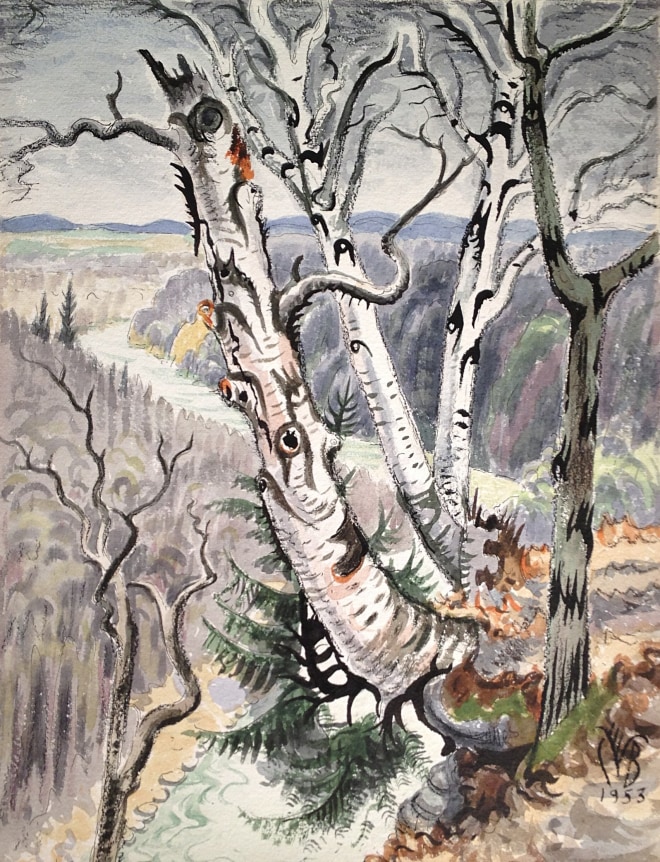 Image of sold painting by Charles Burchfield entitled &quot;Letchworth Park&quot; showing birch trees, a forest and a river.