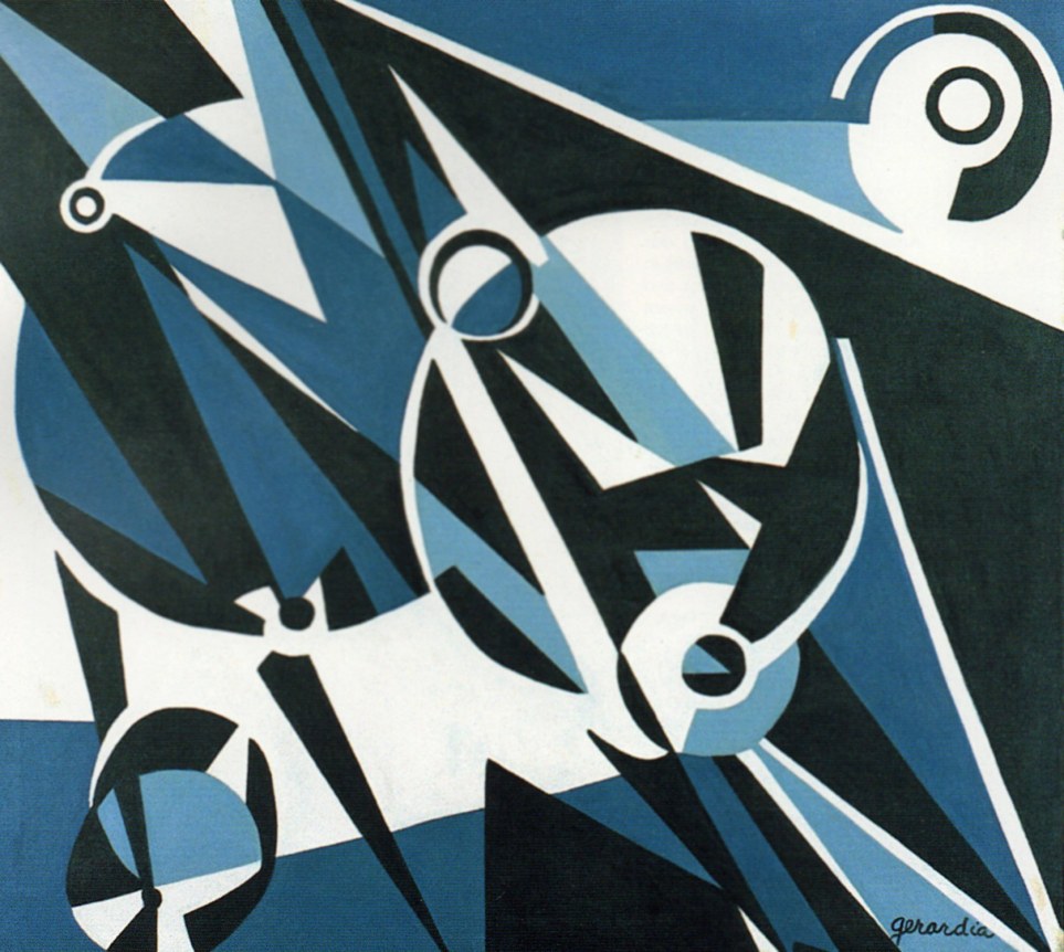 Image of sold abstract oil painting entitled &quot;Outward&quot; by Helen Gerardia in blues and white.