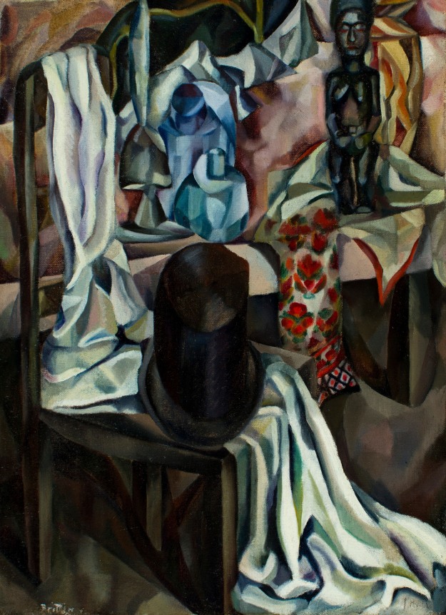 Image of Arna Brittin's oil painting still life of a silk hat&quot; sitting on a fabric covered wooden chair.