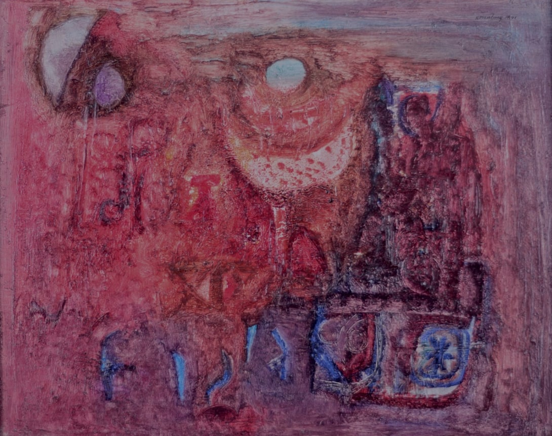 Image of sold 1941 oil painting by Ralph Rosenborg entitled &quot;Full Moon&quot; showing an abstract landscape in reds.