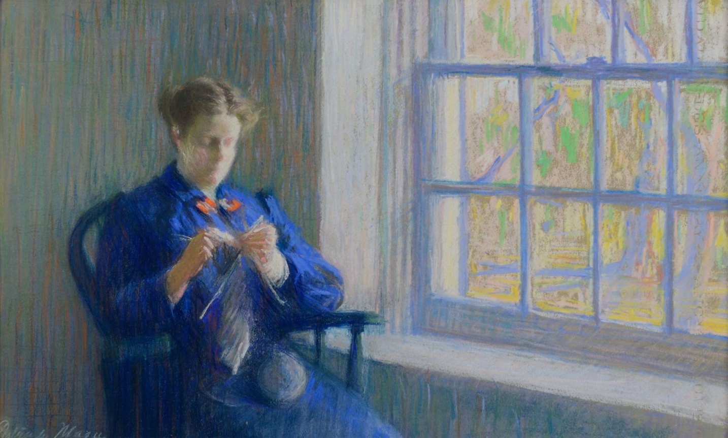 Image of sold pastel of a woman in a blue dress sitting and knitting next to a window by artist Gertrude Magie.