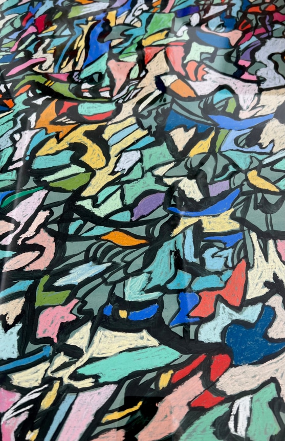 Image of frame on untitled (MaFr007) painting by Fred Martin in pastel and acrylic of greens, blues, oranges with many shapes outlined in black.