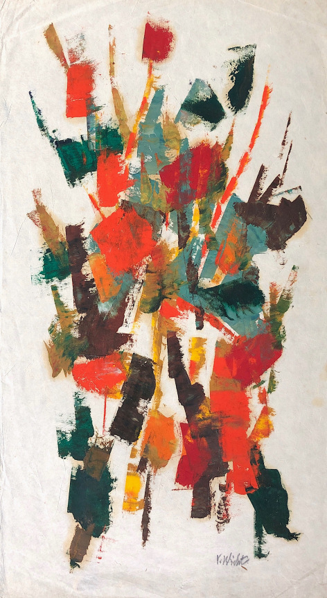 Image of untitled #096 abstract painting by John Von wicht in reds, oranges, greens, yellows, and black. on a light paper background.