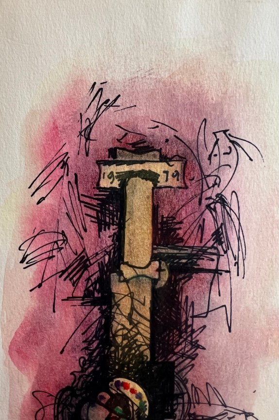 Image of detail on untitled (147) by Hans Burkhardt, showing an abstract architectural element dated 1979.