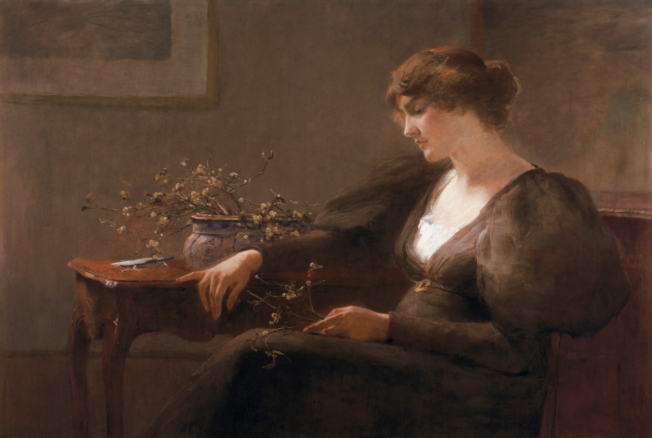 Image of sold oil painting by Mary Estelle Dickson depicting a young woman sitting beside a table.