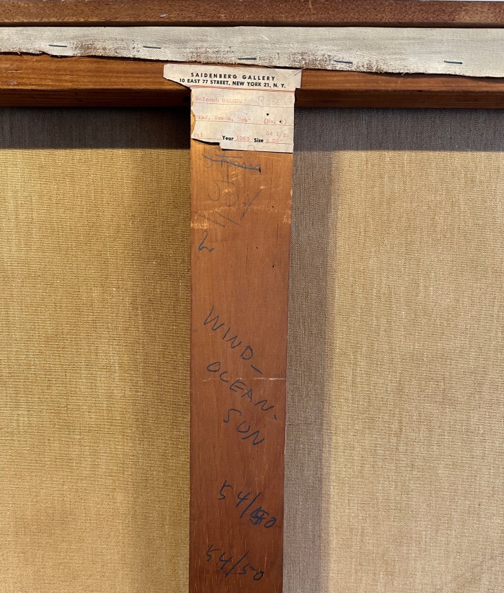 Image of title verso on 1963 Wind, Ocean, Sun oil painting by Balcomb Greene.