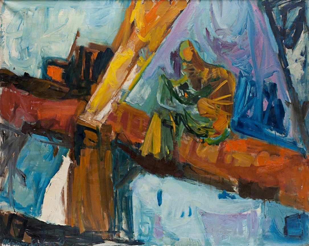 Image of untitled oil abstract painting by Miriam Laufer with blues, lilacs, oranges, browns and white.