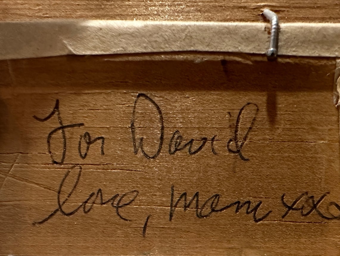 Image of verso inscription from Artist's daughter to her son, the artist's grandson, on still life painting of fruit and wine by Hans Burkhardt.