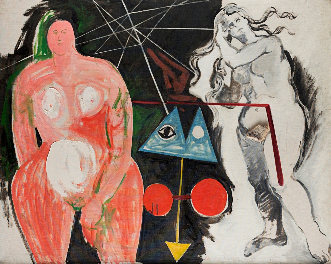 Image of untitled oil collage by Miriam Laufer showing two female nudes - one abstract in pinks, white and green, and the other figural in white and grey with faux fur in place of pubic hair.