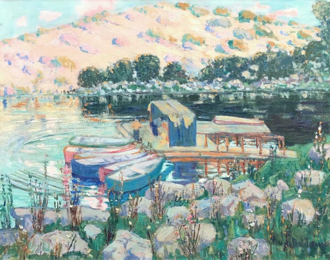 Image of Anni Baldaugh's oil painting entitled &quot;Southern California Foothills&quot; showing a lake with several rowboats tied up to a dock. In the background is a pale colored hill with shrubbery.