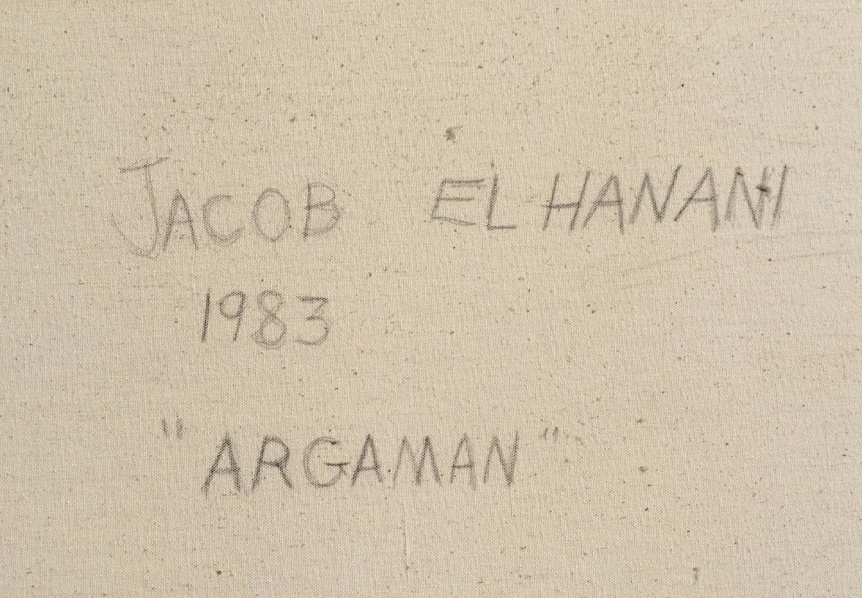 Image of verso signature, date and title of &quot;Argaman&quot; painting by Jacob El Hanani.
