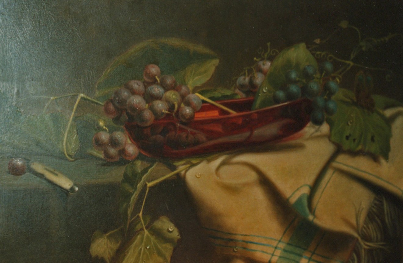 Image of sold still life oil painting showing a basket of grapes on a yellow and green cloth by Sanford Thayer.