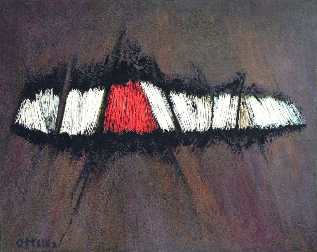 Untitled 002 encaustic abstract painting by Frederick Lund Ottesen with an eye-like shape in the center of the painting which has a red center.