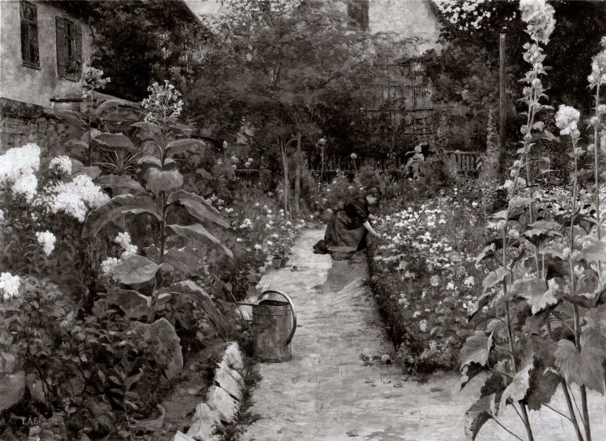 Image of sold oil painting of a lush garden in Paris with a woman in a dress tending one of the beds by Theodore Breuer.