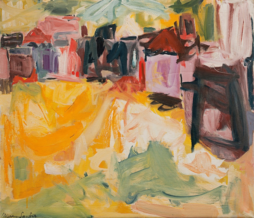 Image of untitled abstract painting by Miriam Laufer in yellows, greens, purples, reds and black.