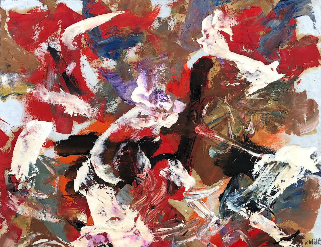 Image of untitled (087) abstract sold John Von Wicht mixed media artwork in reds, black, blues and purple.