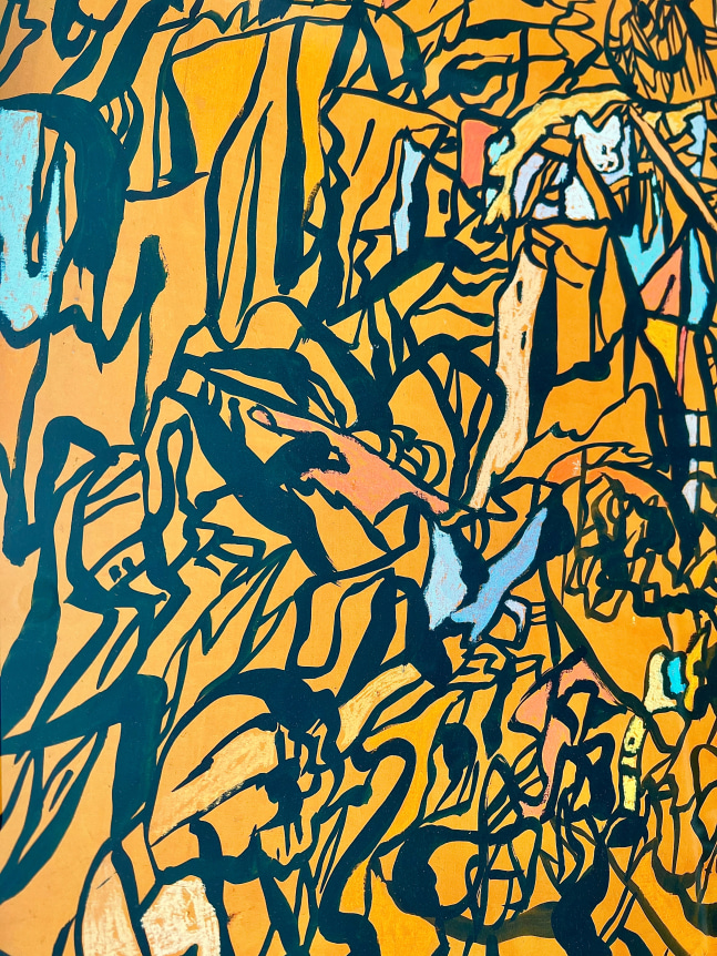 Detail image of orange acrylic and pastel abstraction by Fred Martin.