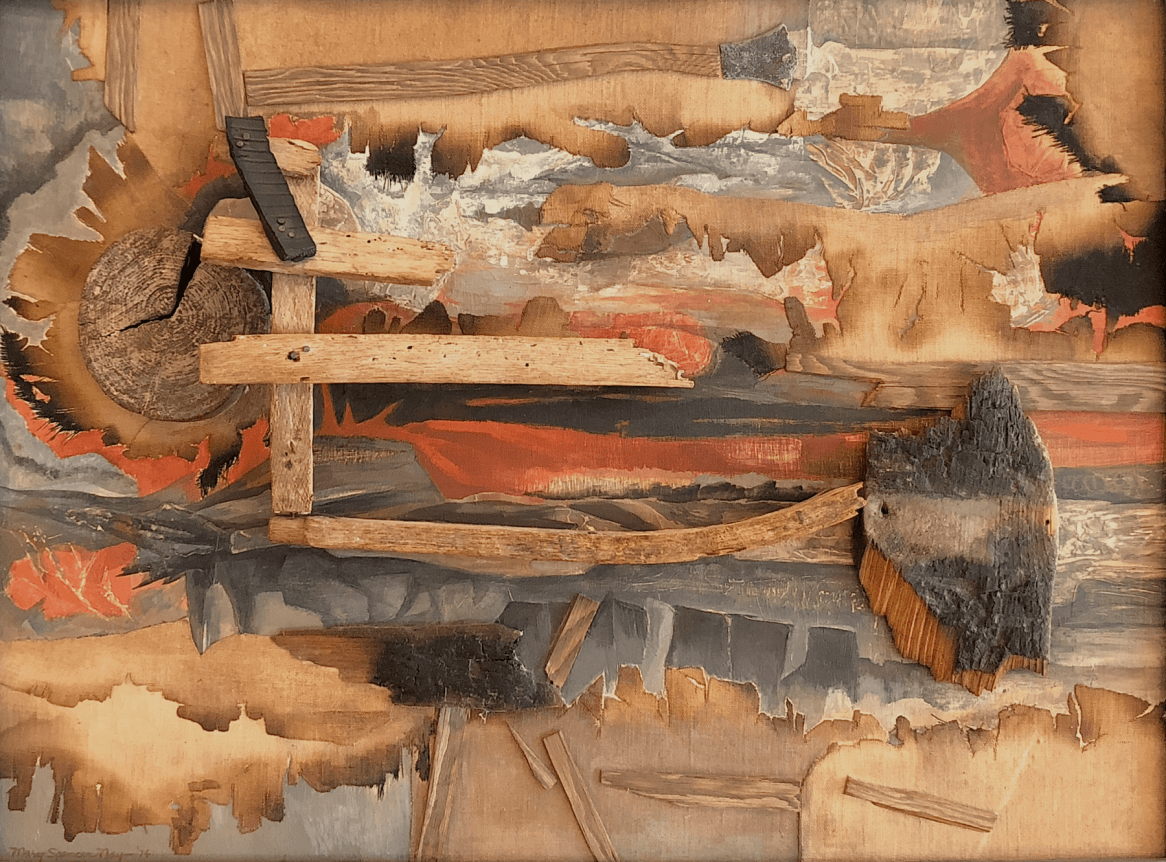 Image of 3D collage entitled &quot;Pyromaniac's Pyre&quot; by Mary Spencer Nay made of wood, rubber, canvas, nails and burnt and torn fabric.