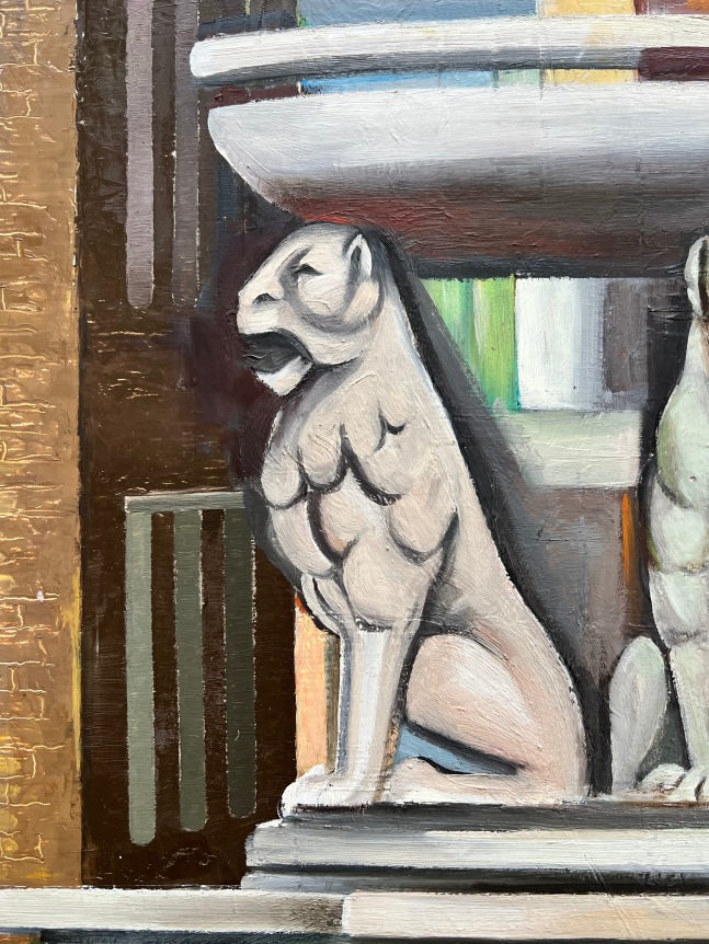 Closeup image of detail from Reflections on Crete painting by Beatrice Wose Smith showing stone animal holding up fountain.