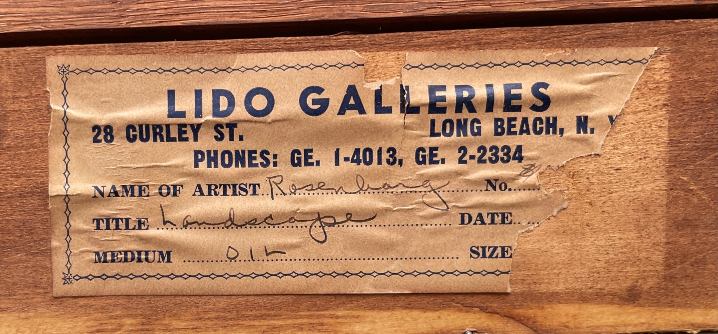Lido Galleries label verso on "Subjective Farm Landscape" by Ralph Rosenborg.
