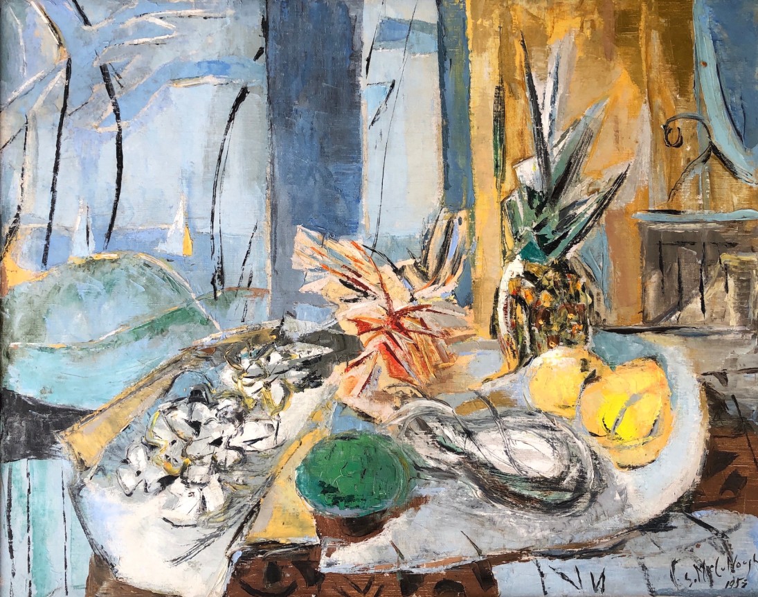 Image of abstract sold still life painting by S. McCullough showing a tabletop arrangement with pineapple and lemon.